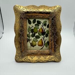 Vintage Picture Frame / Gold Ornate miniature Frame with Pear Artwork EUC